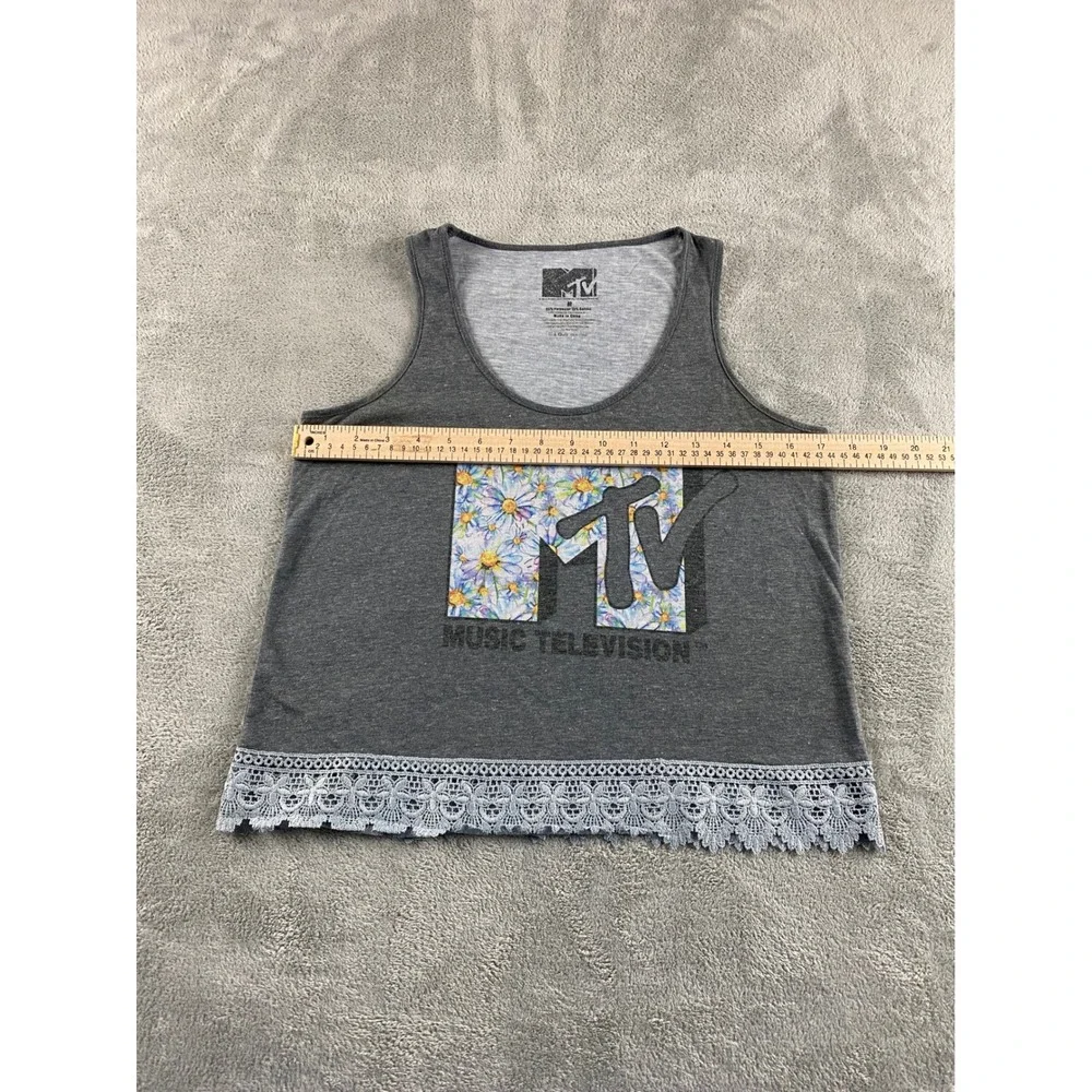 MTV Music Television Floral Logo Graphic Tank Top Grey Lace Trim Womens Medium - Picture 4 of 9